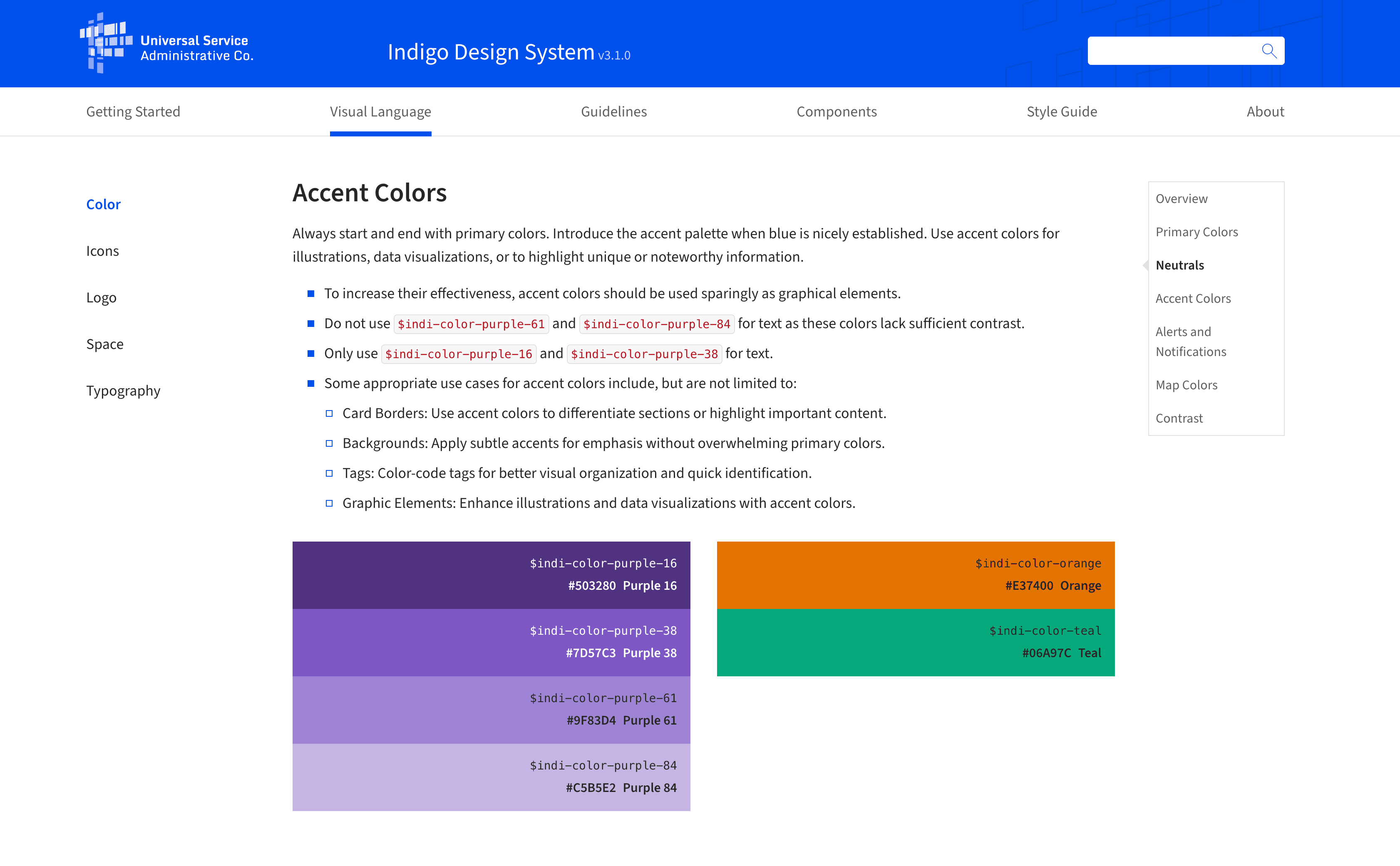 Indigo color documentation page on the live design system site