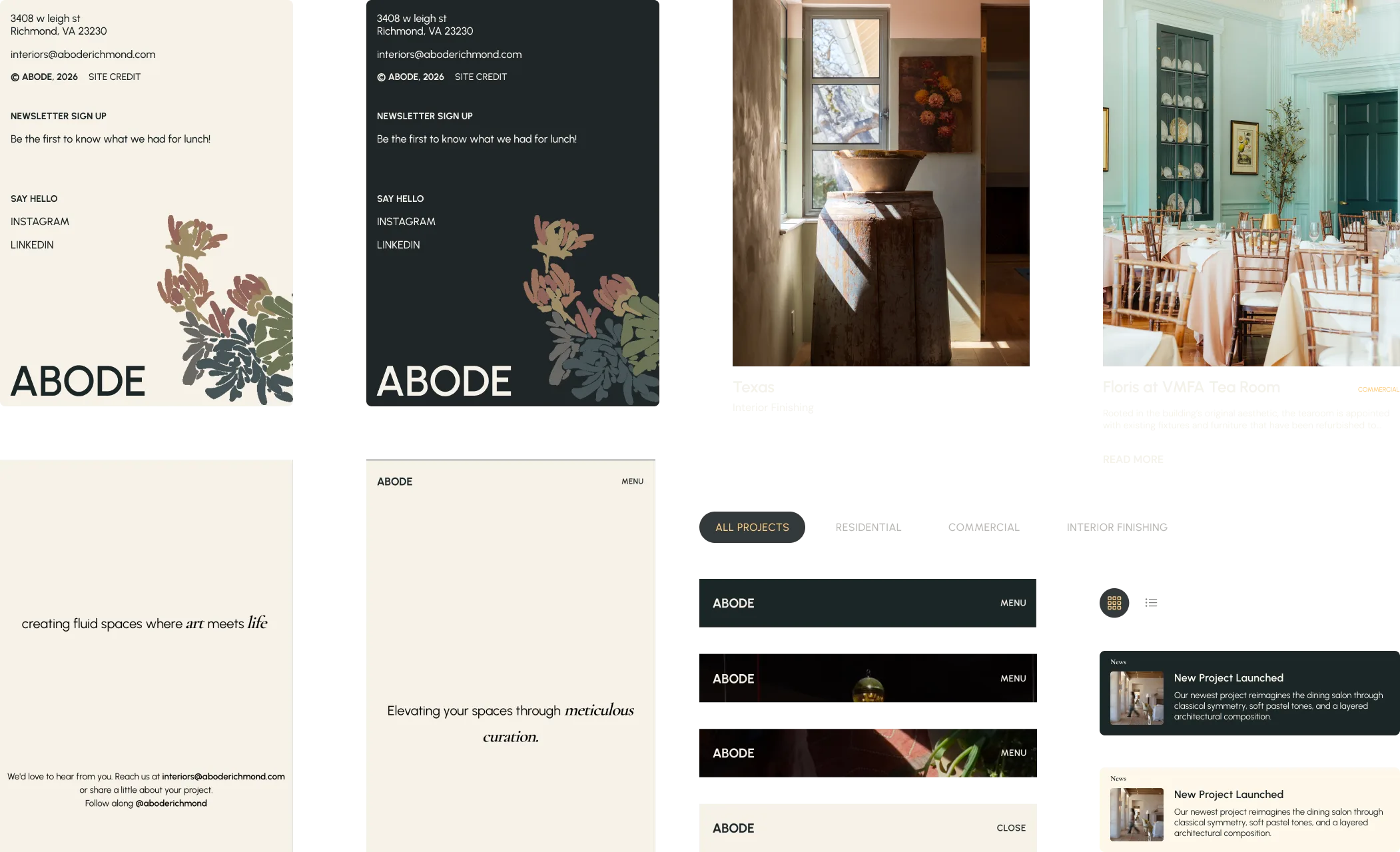 Abode Richmond — full page layouts and portfolio grid